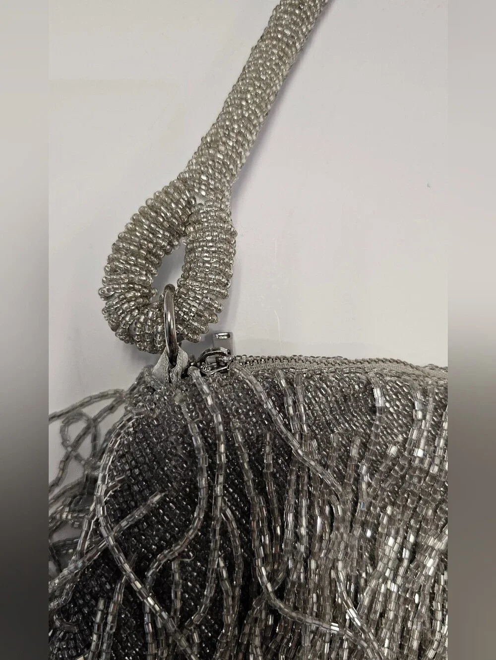 Silver Beaded Fringe Shag Evening Bag - Picture 9 of 16
